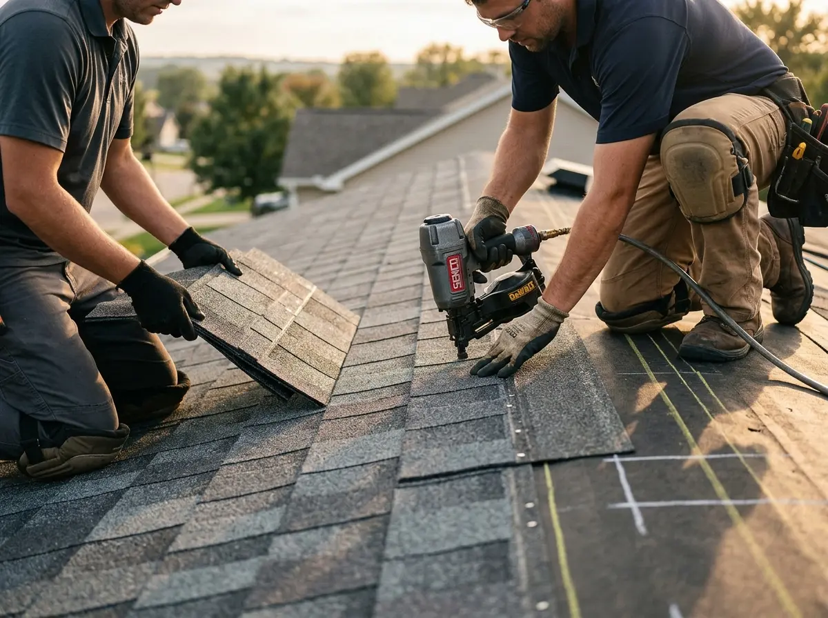 Professional roofer working on a residential roof in Angier